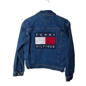 Vintage 90s Tommy Hilfiger Box Flag Logo Sewn Embroidered Patch Denim Jacket M
